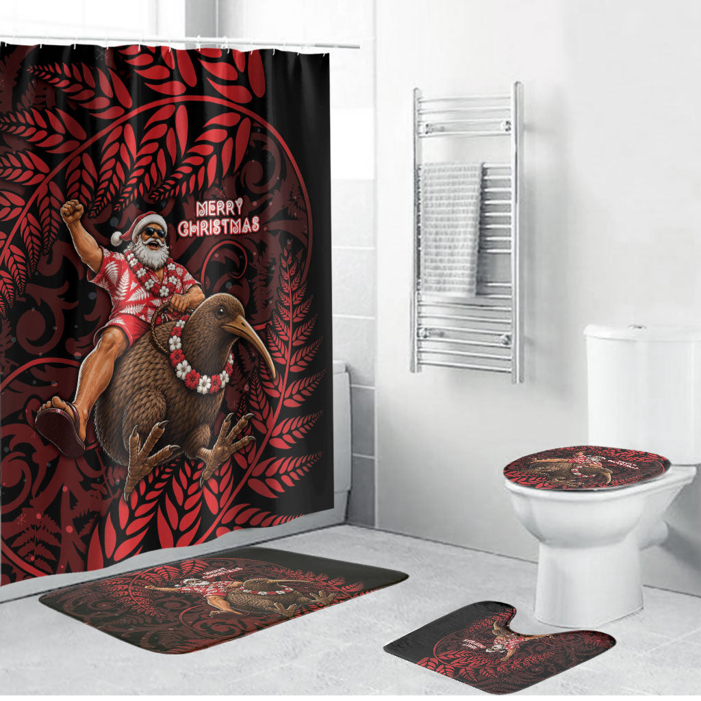 New Zealand Christmas Bathroom Set Red Santa Riding Kiwi Bird Silver Fern DT05 Bathroom Set (4 pcs) Red - Polynesian Pride