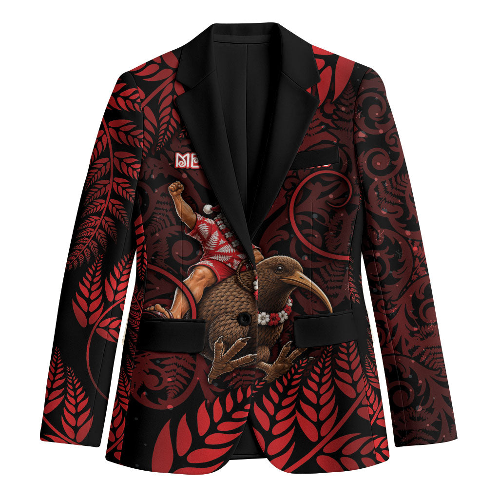 New Zealand Christmas Blazer Red Santa Riding Kiwi Bird Silver Fern DT05 Unisex Red - Polynesian Pride
