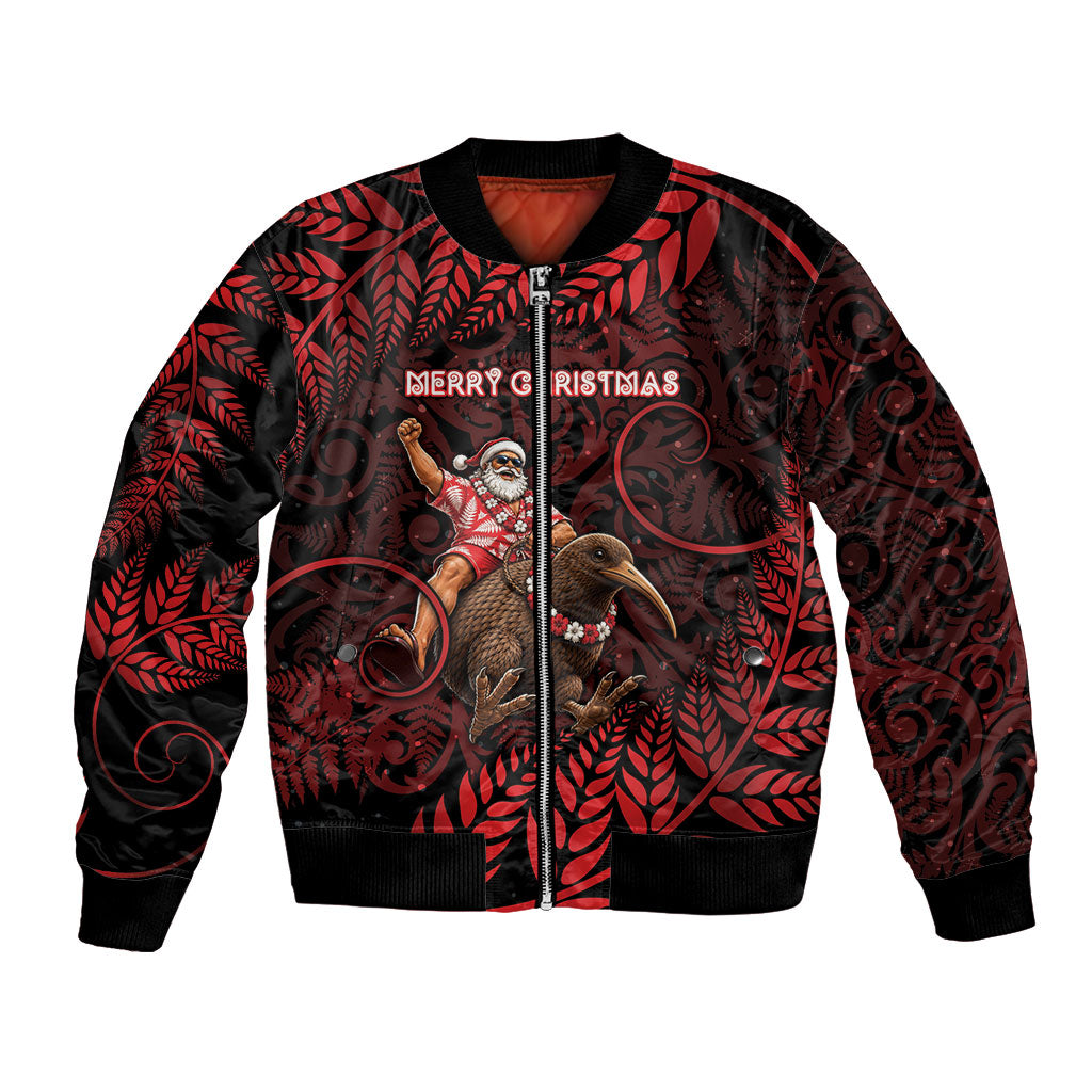 New Zealand Christmas Bomber Jacket Red Santa Riding Kiwi Bird Silver Fern DT05 Unisex Red - Polynesian Pride