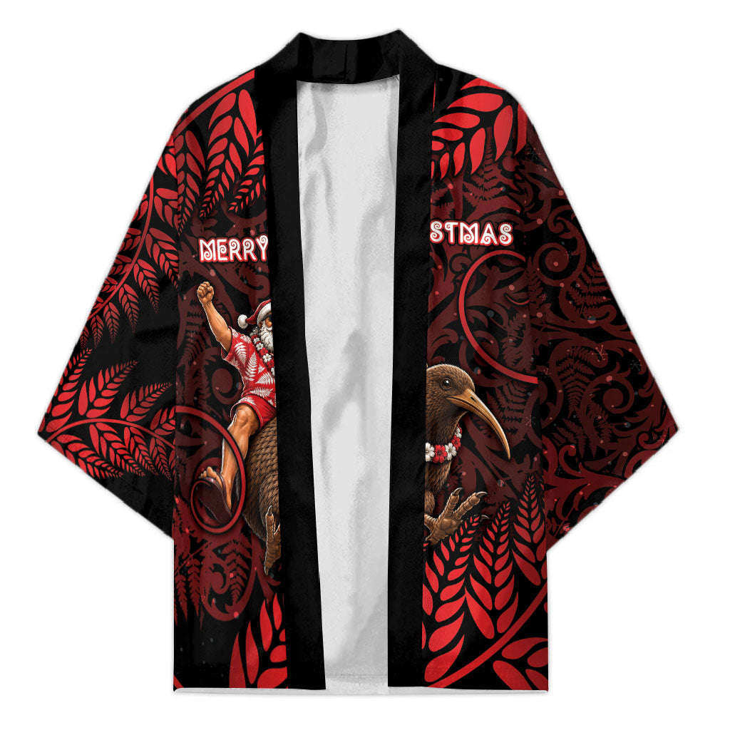 New Zealand Christmas Kimono Red Santa Riding Kiwi Bird Silver Fern DT05 Unisex Red - Polynesian Pride