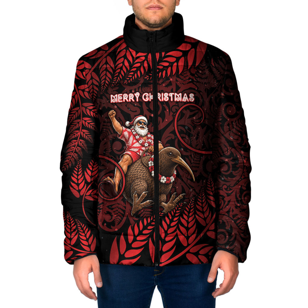 New Zealand Christmas Padded Jacket Red Santa Riding Kiwi Bird Silver Fern DT05 Men Red - Polynesian Pride