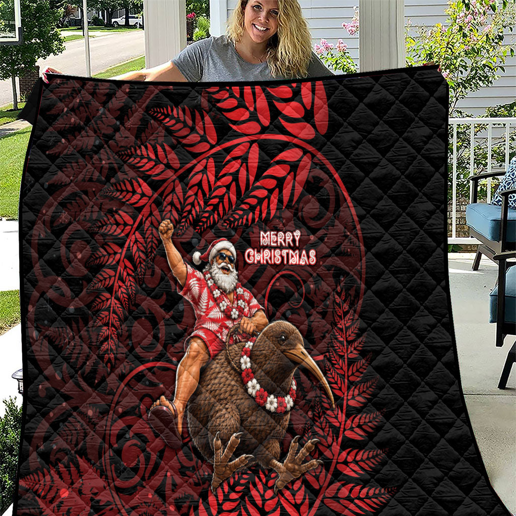 New Zealand Christmas Quilt Red Santa Riding Kiwi Bird Silver Fern DT05 Red - Polynesian Pride