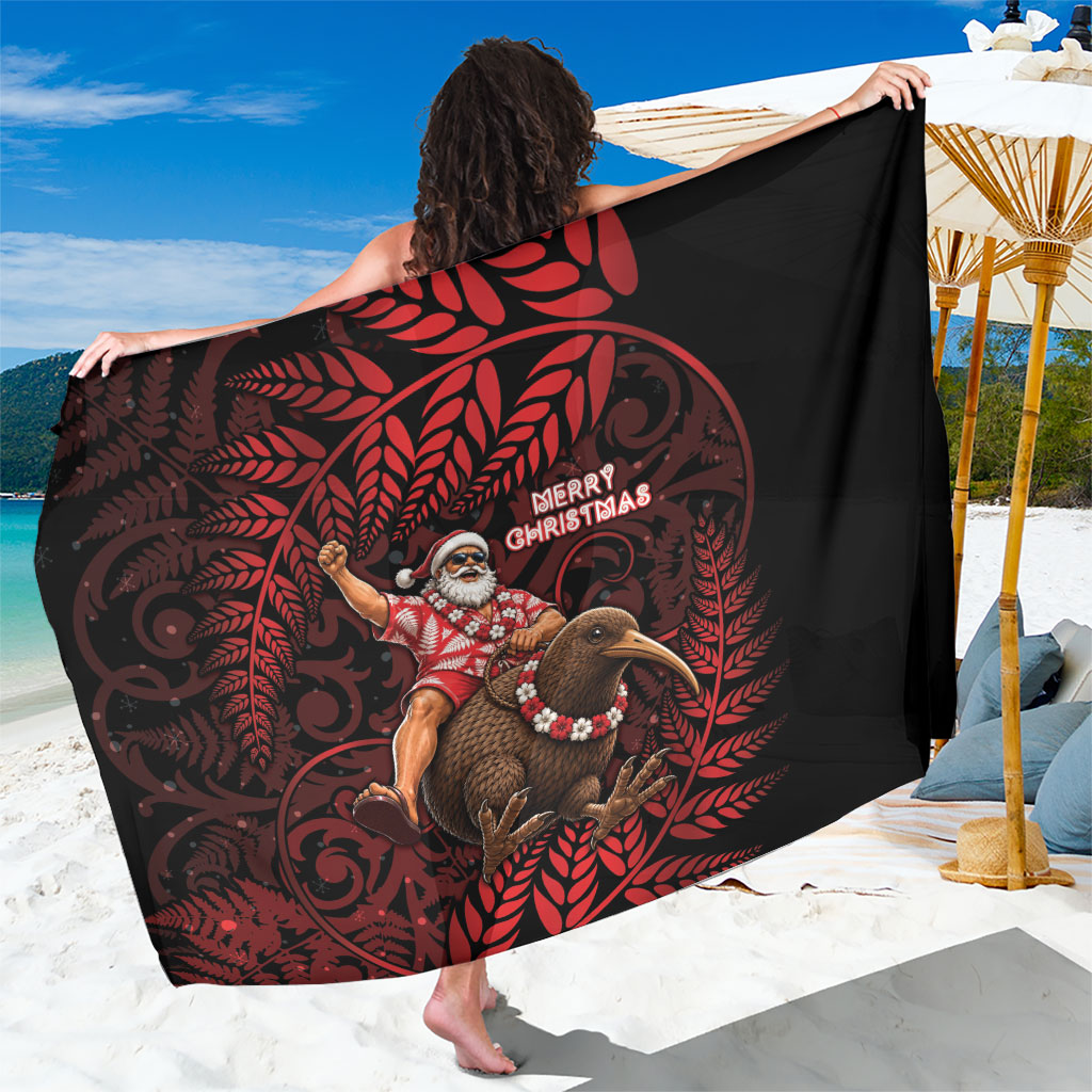 New Zealand Christmas Sarong Red Santa Riding Kiwi Bird Silver Fern DT05 One Size 44 x 66 inches Red - Polynesian Pride