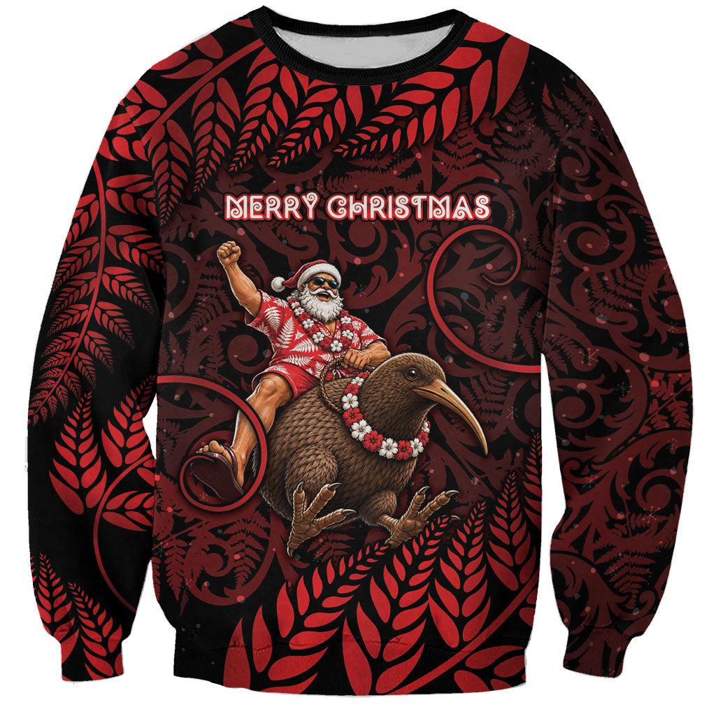New Zealand Christmas Sweatshirt Red Santa Riding Kiwi Bird Silver Fern DT05 Unisex Red - Polynesian Pride