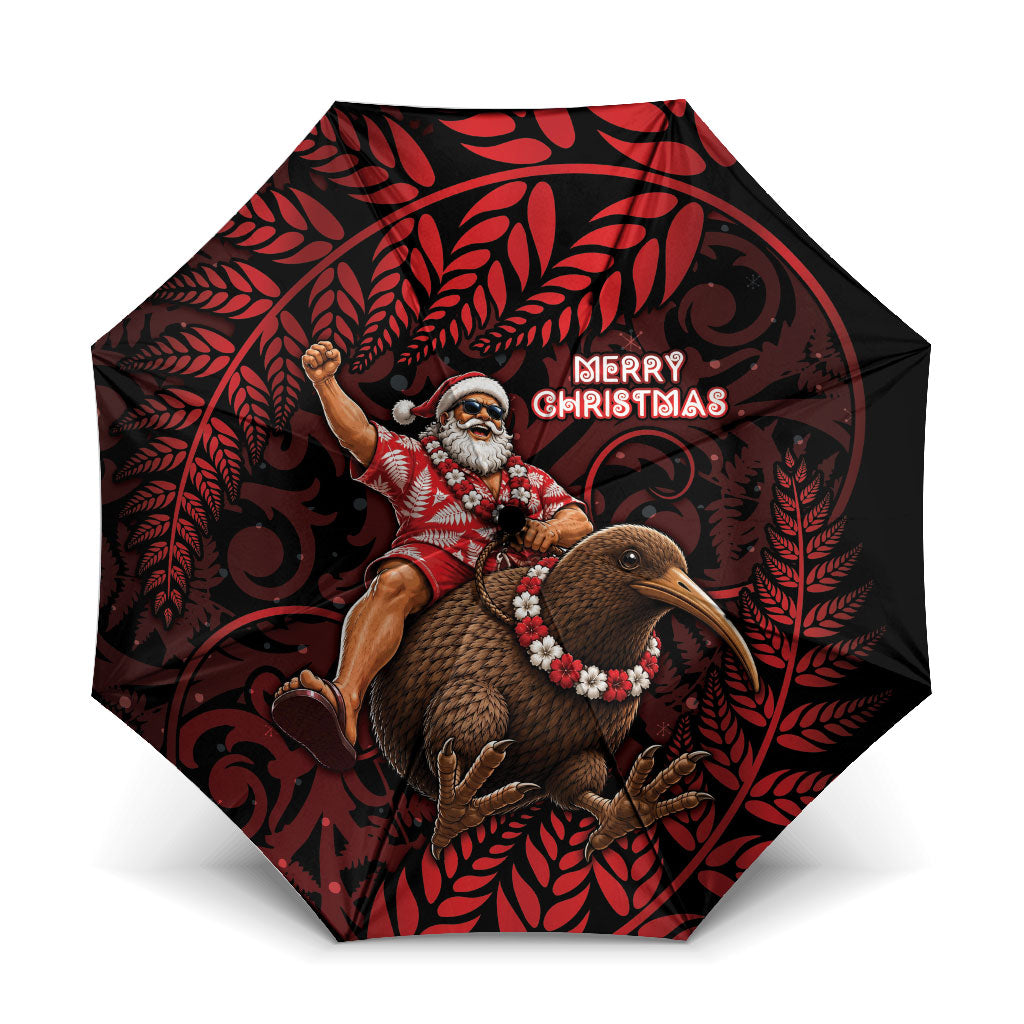 New Zealand Christmas Umbrella Red Santa Riding Kiwi Bird Silver Fern DT05 One Size Folded 11.42 inch Opened Diameter 37.4 inch Red - Polynesian Pride