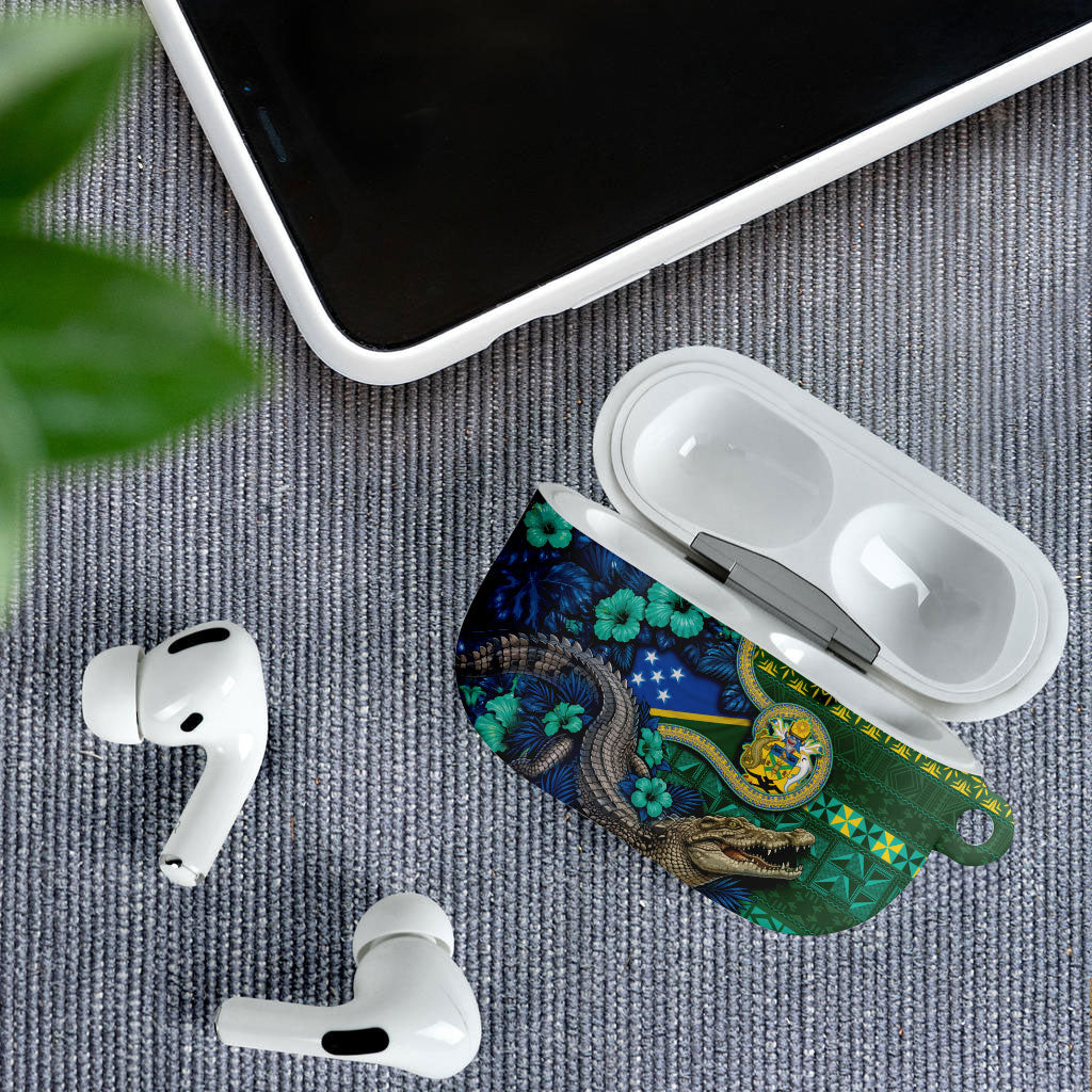 Solomon Islands Independence Day AirPods Case Crocodile Hibiscus Tribal Pattern