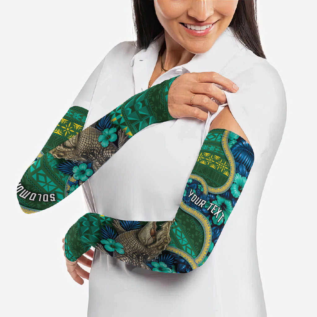 Personalised Solomon Islands Independence Day Arm Sleeves Crocodile Hibiscus Tribal Pattern