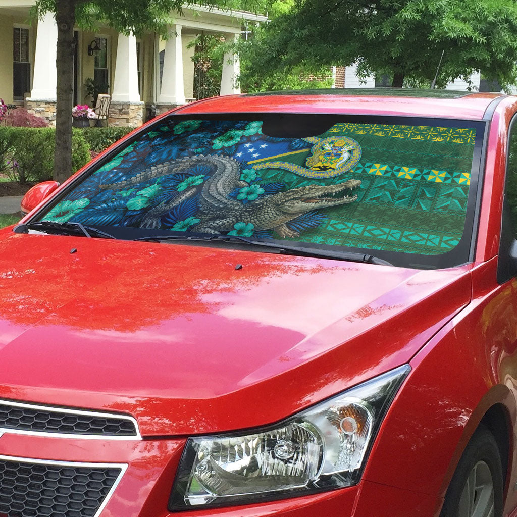 Solomon Islands Independence Day Auto Sun Shade Crocodile Hibiscus Tribal Pattern