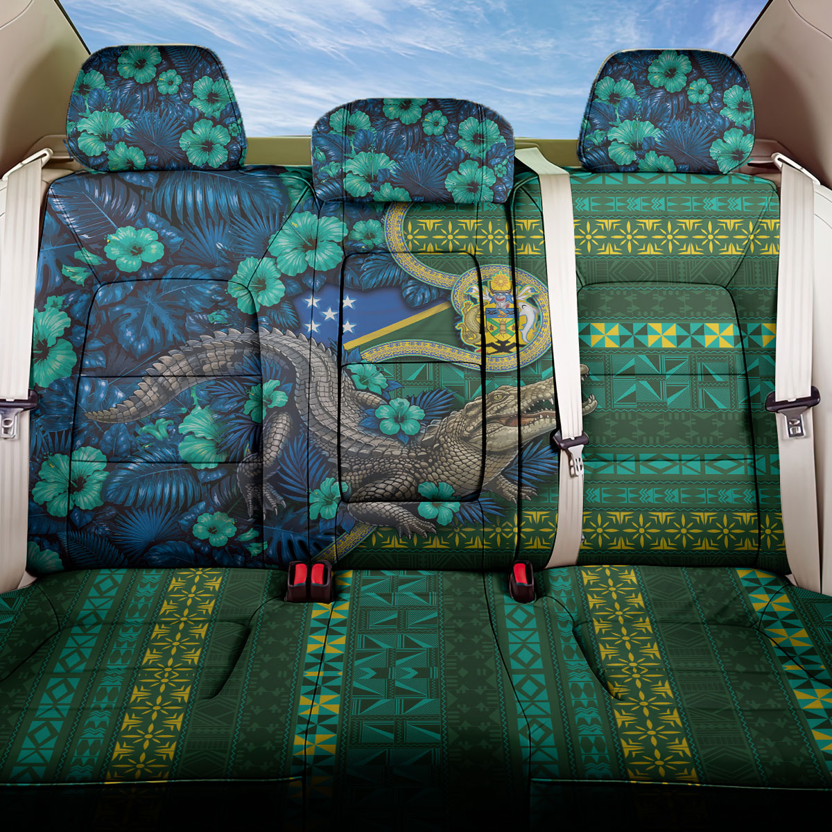 Solomon Islands Independence Day Back Car Seat Cover Crocodile Hibiscus Tribal Pattern