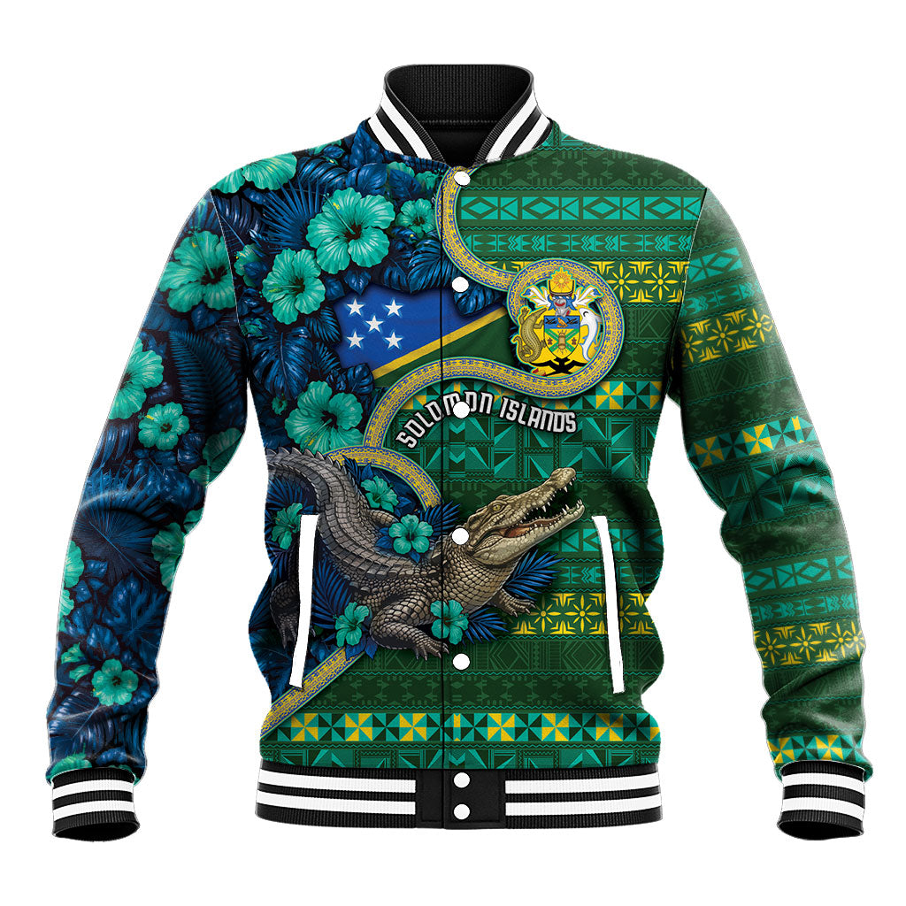 Personalised Solomon Islands Independence Day Baseball Jacket Crocodile Hibiscus Tribal Pattern