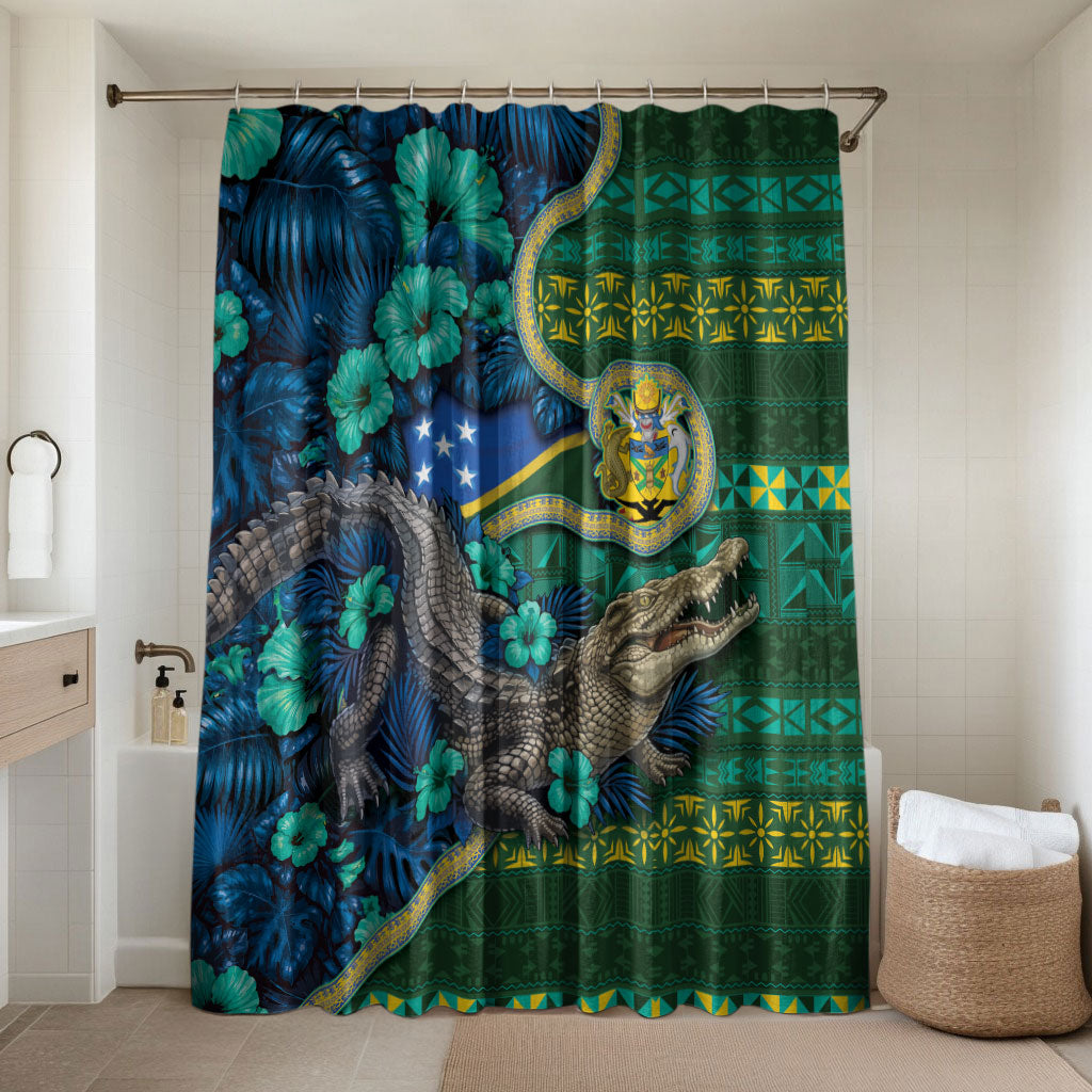 Solomon Islands Independence Day Bathroom Set Crocodile Hibiscus Tribal Pattern