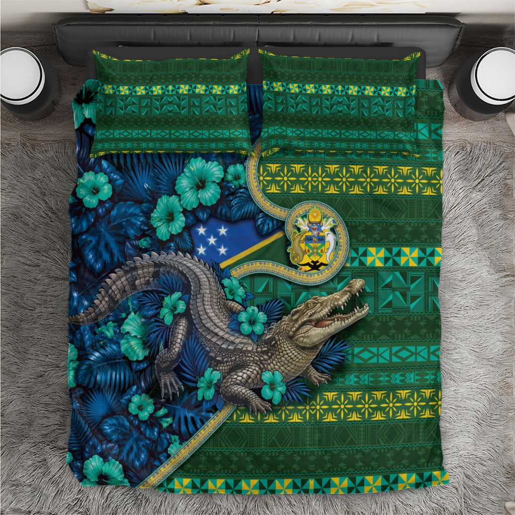 Solomon Islands Independence Day Bedding Set Crocodile Hibiscus Tribal Pattern