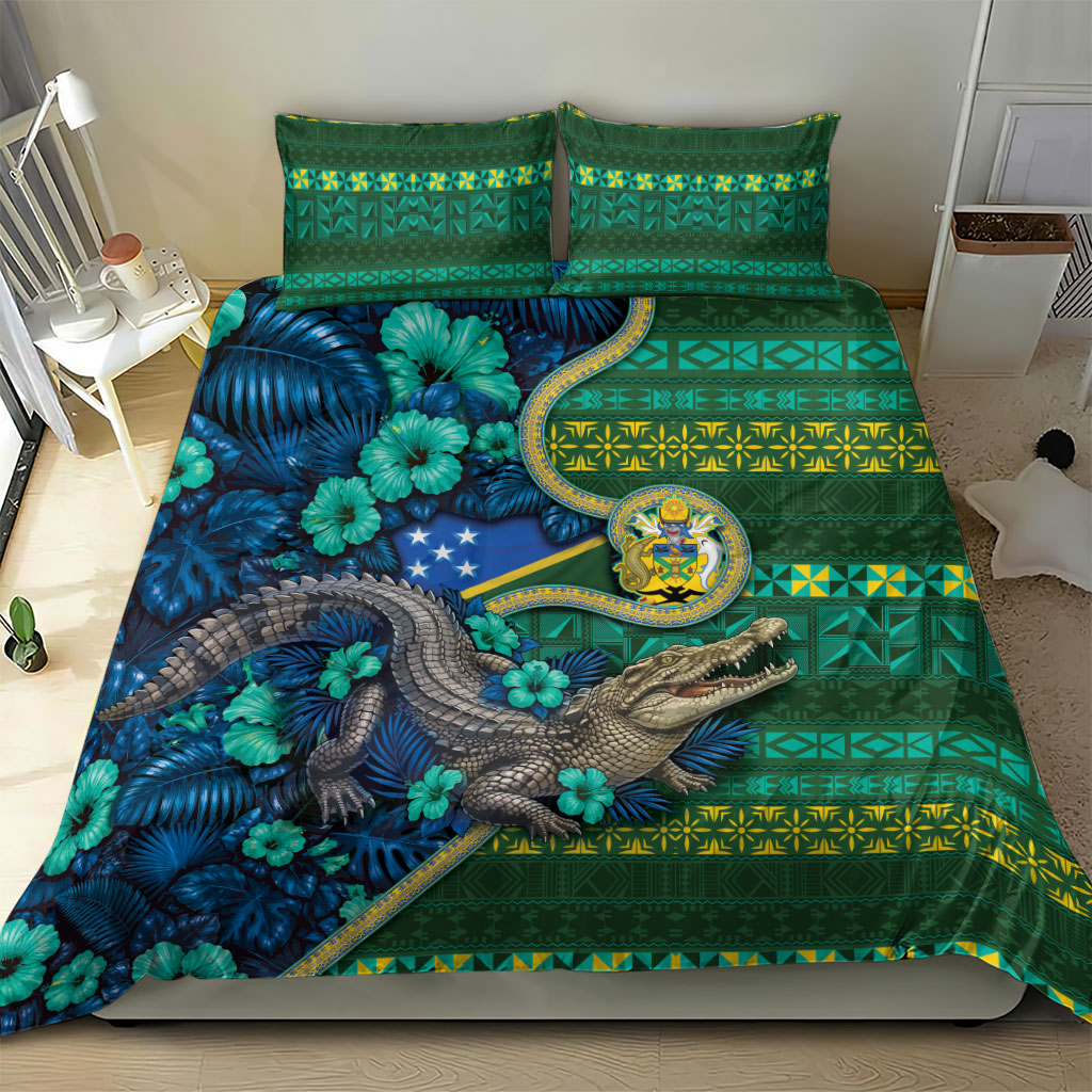 Solomon Islands Independence Day Bedding Set Crocodile Hibiscus Tribal Pattern