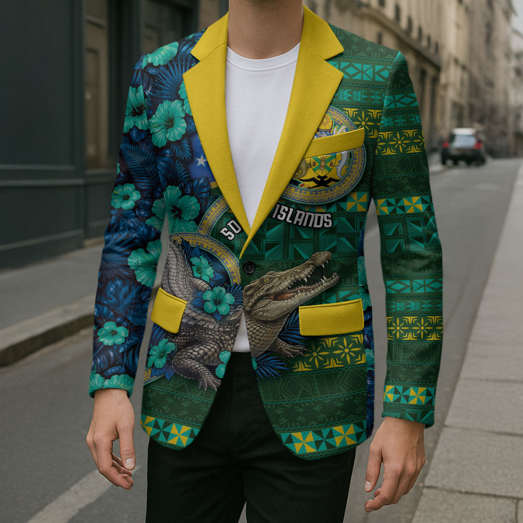 Personalised Solomon Islands Independence Day Blazer Crocodile Hibiscus Tribal Pattern