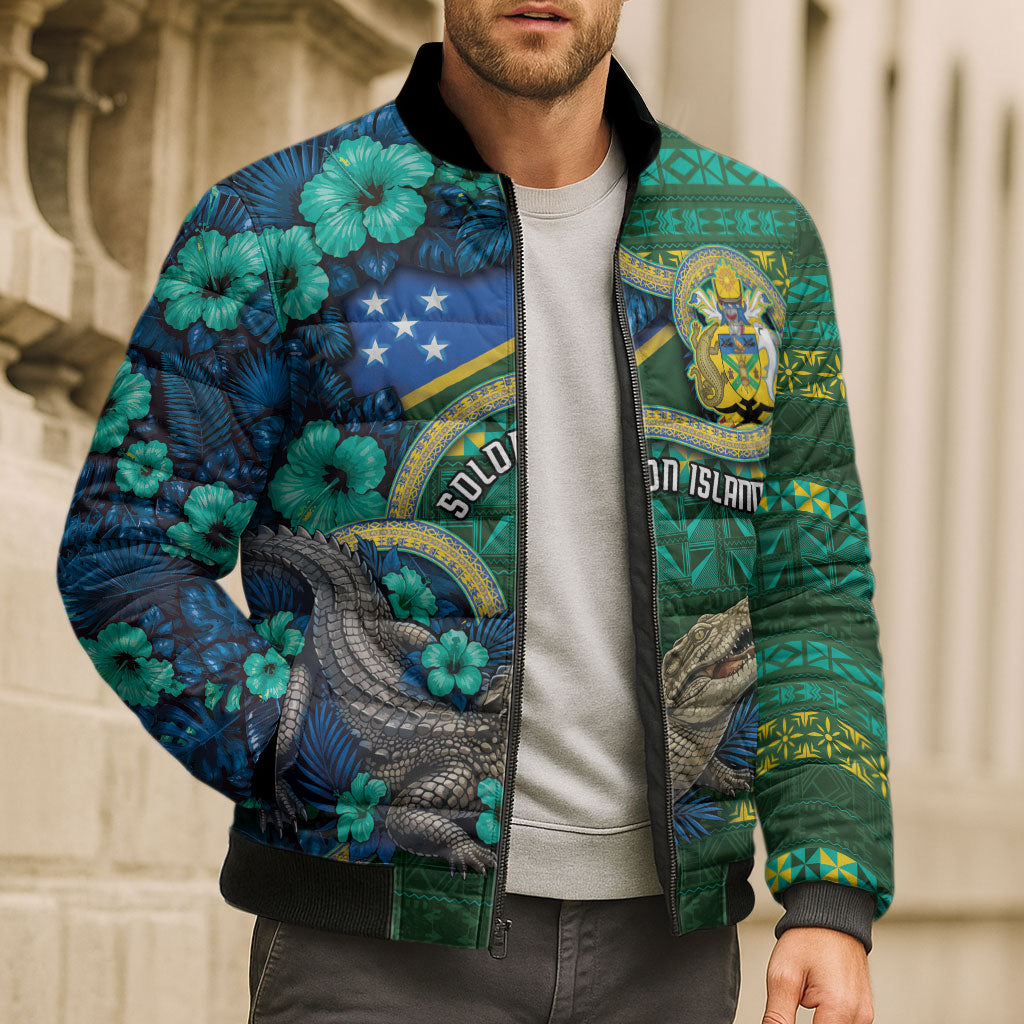 Personalised Solomon Islands Independence Day Bomber Puffer Jacket Crocodile Hibiscus Tribal Pattern