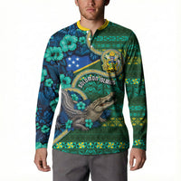Personalised Solomon Islands Independence Day Button Sweatshirt Crocodile Hibiscus Tribal Pattern