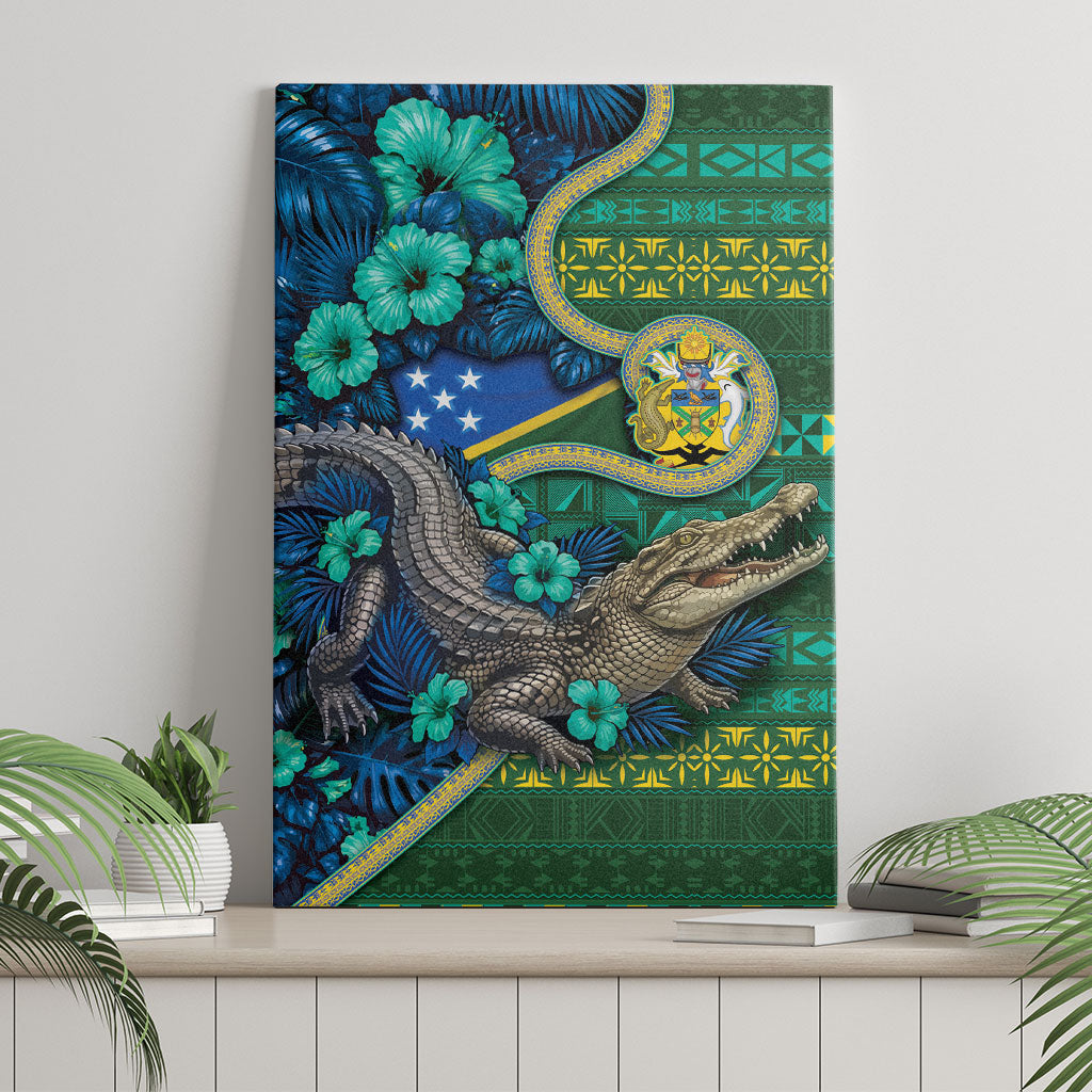 Solomon Islands Independence Day Canvas Wall Art Crocodile Hibiscus Tribal Pattern