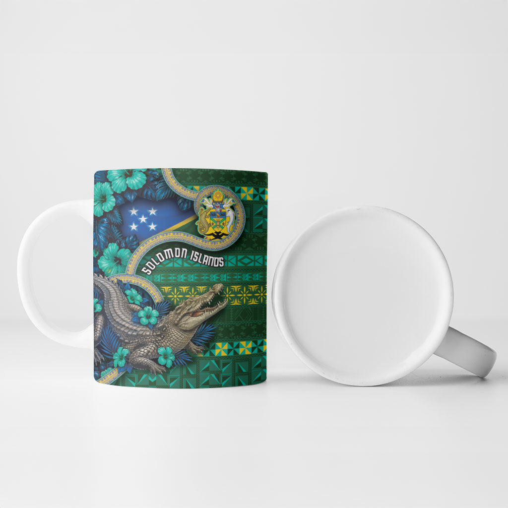 Personalised Solomon Islands Independence Day Ceramic Mug Crocodile Hibiscus Tribal Pattern
