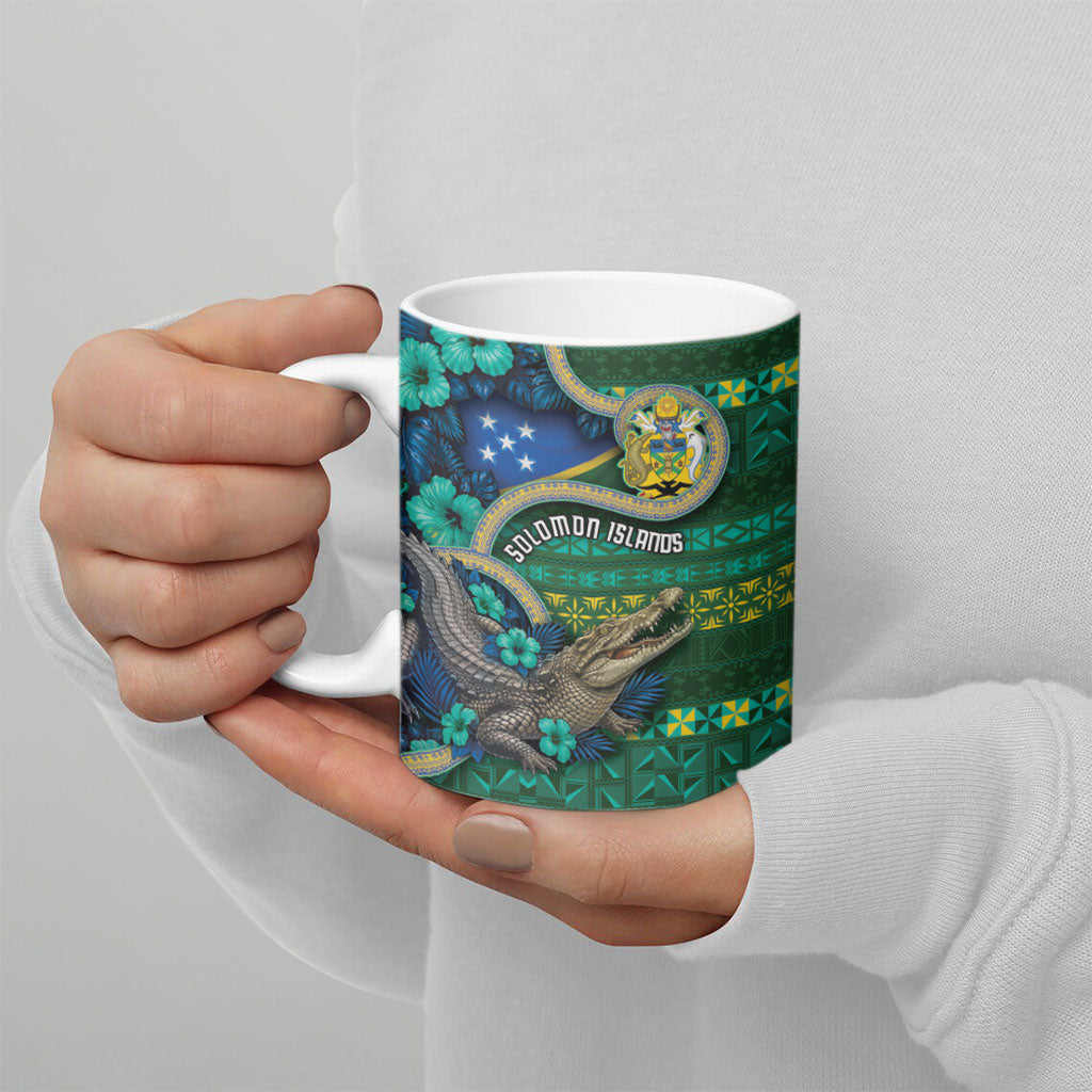 Personalised Solomon Islands Independence Day Ceramic Mug Crocodile Hibiscus Tribal Pattern