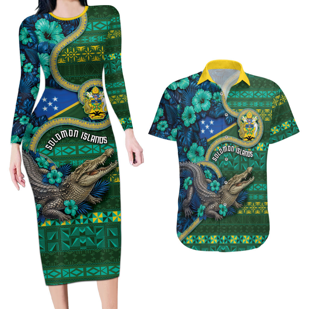 Personalised Solomon Islands Independence Day Couples Matching Long Sleeve Bodycon Dress and Hawaiian Shirt Crocodile Hibiscus Tribal Pattern