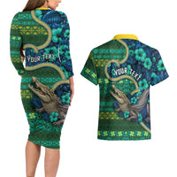 Personalised Solomon Islands Independence Day Couples Matching Long Sleeve Bodycon Dress and Hawaiian Shirt Crocodile Hibiscus Tribal Pattern