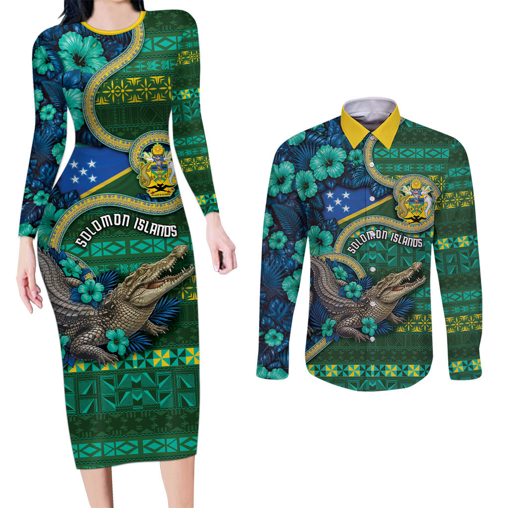 Personalised Solomon Islands Independence Day Couples Matching Long Sleeve Bodycon Dress and Long Sleeve Button Shirt Crocodile Hibiscus Tribal Pattern