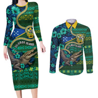 Personalised Solomon Islands Independence Day Couples Matching Long Sleeve Bodycon Dress and Long Sleeve Button Shirt Crocodile Hibiscus Tribal Pattern