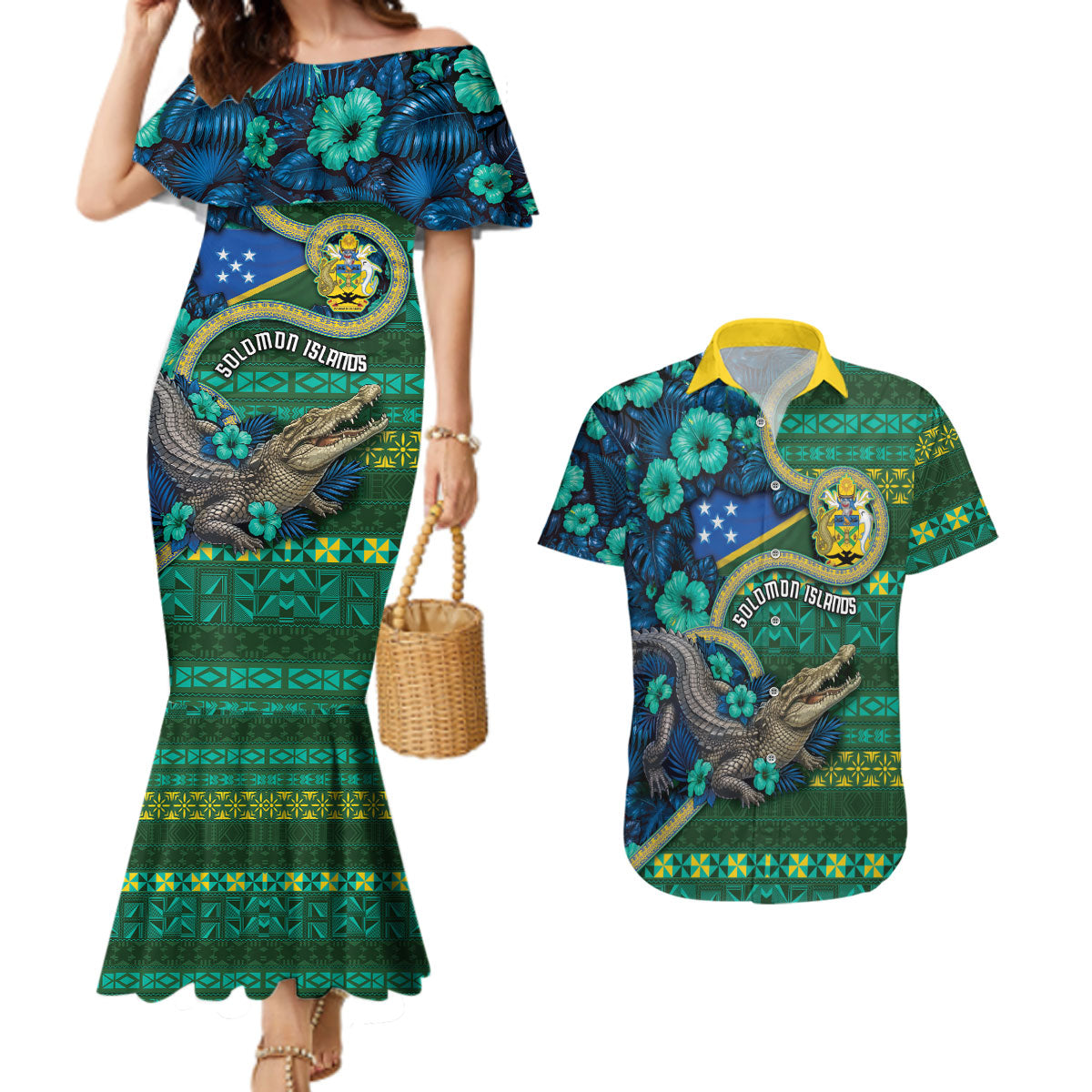 Personalised Solomon Islands Independence Day Couples Matching Mermaid Dress and Hawaiian Shirt Crocodile Hibiscus Tribal Pattern