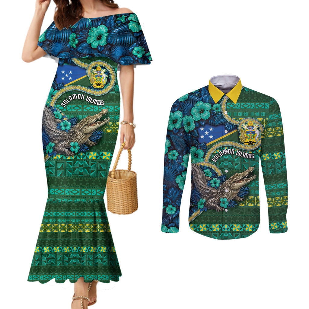 Personalised Solomon Islands Independence Day Couples Matching Mermaid Dress and Long Sleeve Button Shirt Crocodile Hibiscus Tribal Pattern