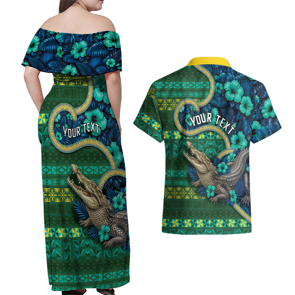 Personalised Solomon Islands Independence Day Couples Matching Off Shoulder Maxi Dress and Hawaiian Shirt Crocodile Hibiscus Tribal Pattern