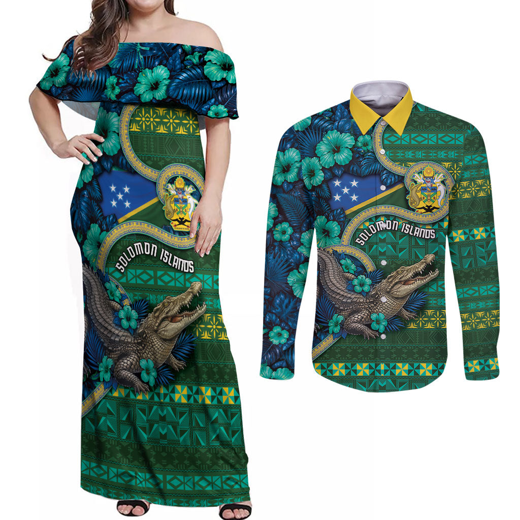 Personalised Solomon Islands Independence Day Couples Matching Off Shoulder Maxi Dress and Long Sleeve Button Shirt Crocodile Hibiscus Tribal Pattern