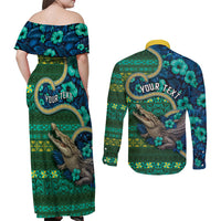Personalised Solomon Islands Independence Day Couples Matching Off Shoulder Maxi Dress and Long Sleeve Button Shirt Crocodile Hibiscus Tribal Pattern