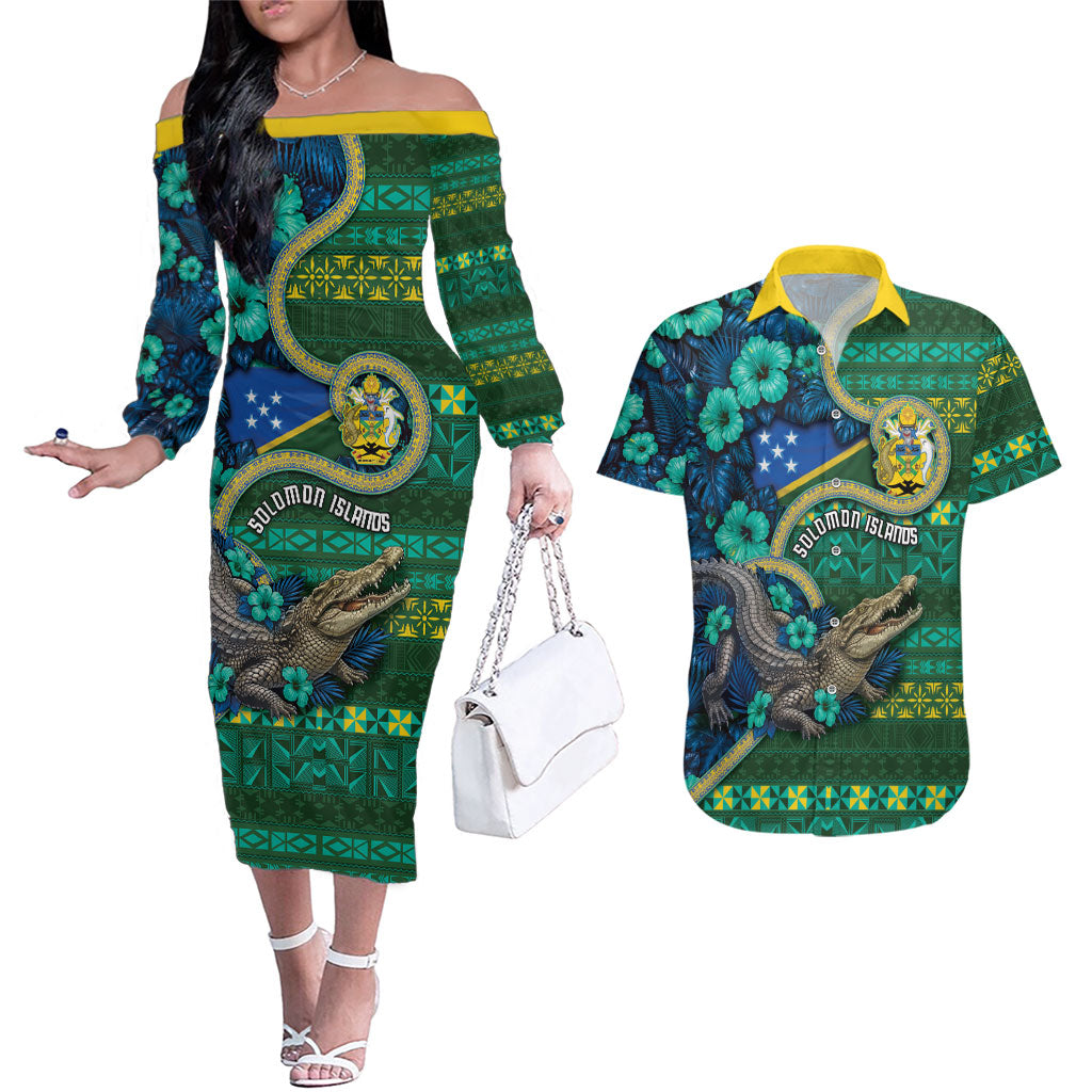 Personalised Solomon Islands Independence Day Couples Matching Off The Shoulder Long Sleeve Dress and Hawaiian Shirt Crocodile Hibiscus Tribal Pattern