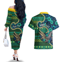 Personalised Solomon Islands Independence Day Couples Matching Off The Shoulder Long Sleeve Dress and Hawaiian Shirt Crocodile Hibiscus Tribal Pattern