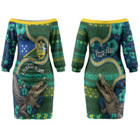 Personalised Solomon Islands Independence Day Couples Matching Off The Shoulder Long Sleeve Dress and Long Sleeve Button Shirt Crocodile Hibiscus Tribal Pattern DT05 - Polynesian Pride