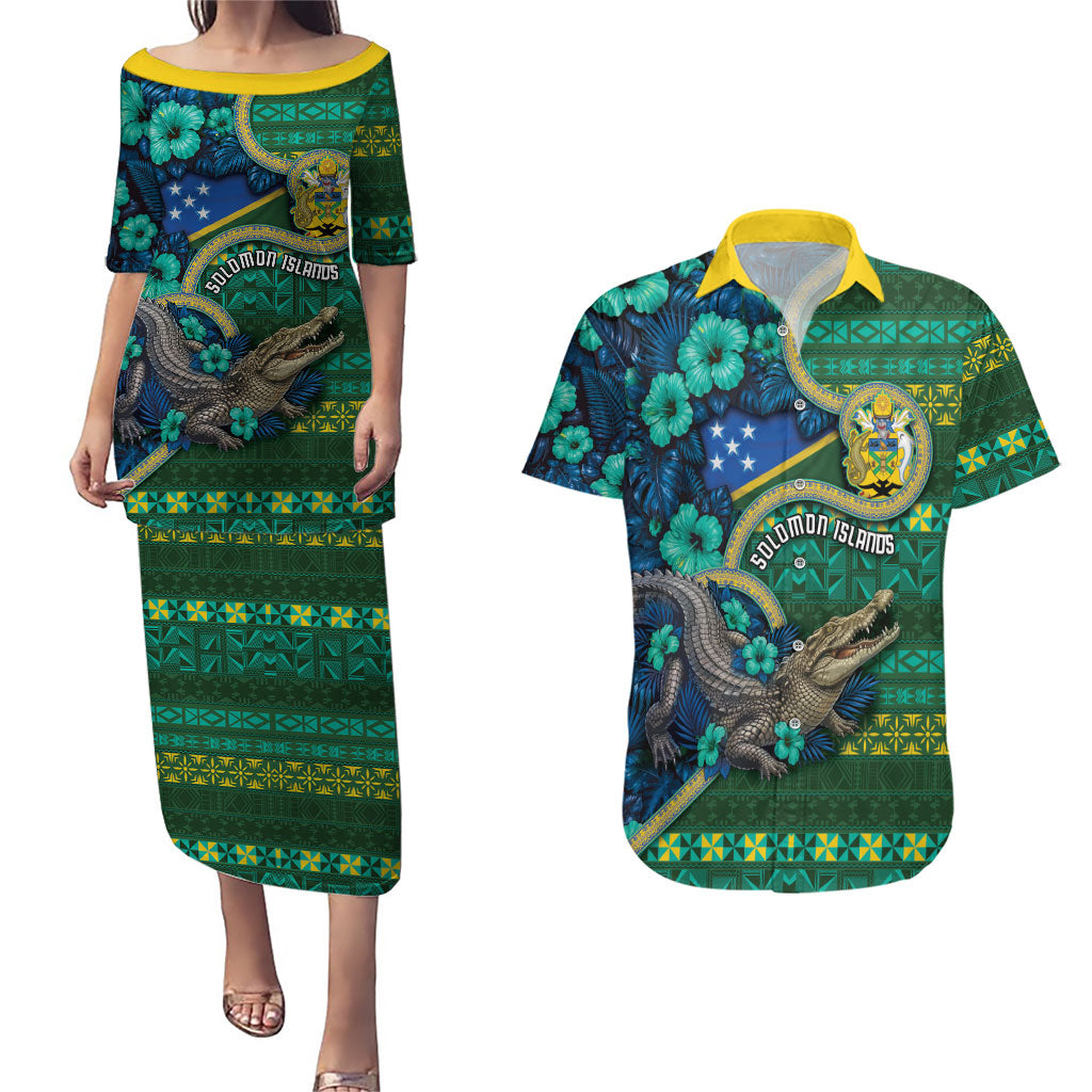 Personalised Solomon Islands Independence Day Couples Matching Puletasi and Hawaiian Shirt Crocodile Hibiscus Tribal Pattern