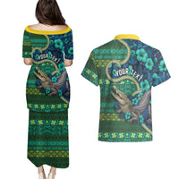 Personalised Solomon Islands Independence Day Couples Matching Puletasi and Hawaiian Shirt Crocodile Hibiscus Tribal Pattern