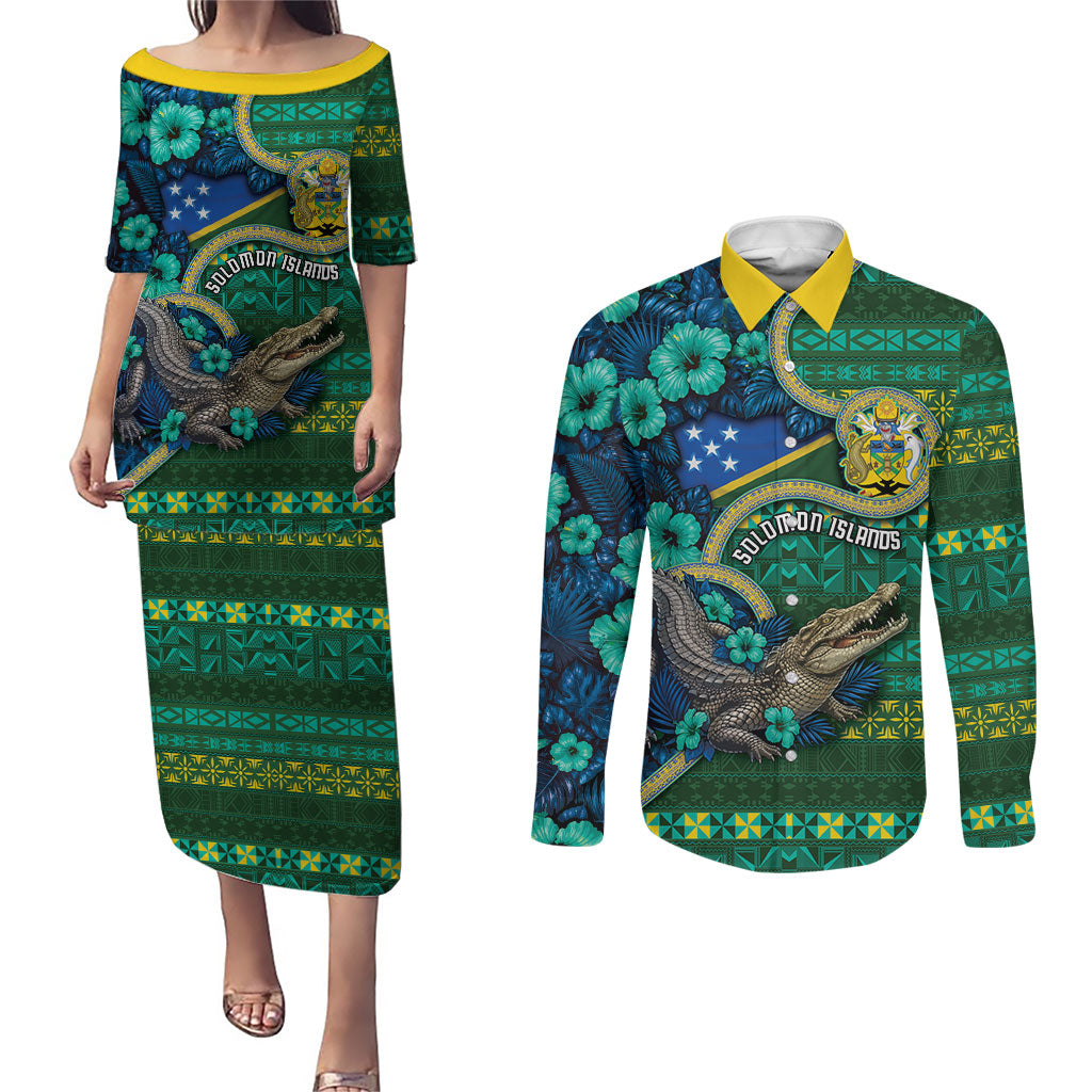 Personalised Solomon Islands Independence Day Couples Matching Puletasi and Long Sleeve Button Shirt Crocodile Hibiscus Tribal Pattern