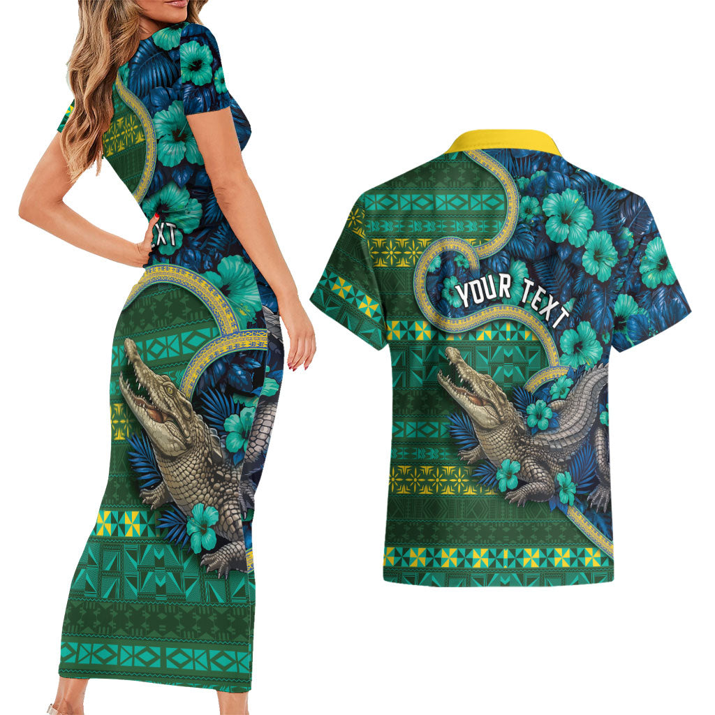 Personalised Solomon Islands Independence Day Couples Matching Short Sleeve Bodycon Dress and Hawaiian Shirt Crocodile Hibiscus Tribal Pattern