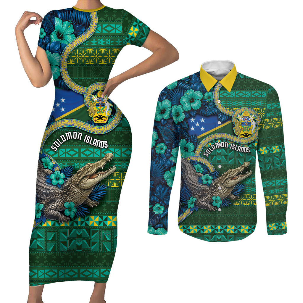 Personalised Solomon Islands Independence Day Couples Matching Short Sleeve Bodycon Dress and Long Sleeve Button Shirt Crocodile Hibiscus Tribal Pattern
