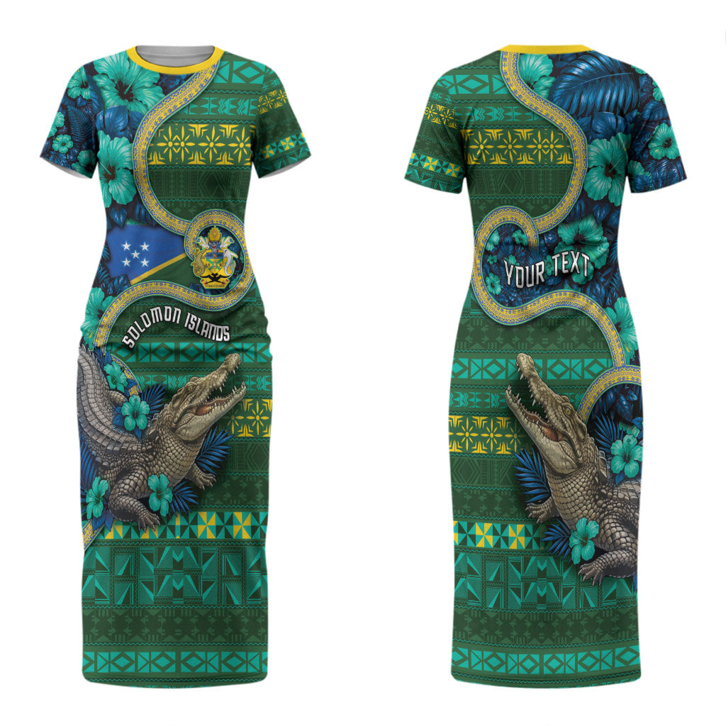 Personalised Solomon Islands Independence Day Couples Matching Short Sleeve Bodycon Dress and Long Sleeve Button Shirt Crocodile Hibiscus Tribal Pattern DT05 - Polynesian Pride