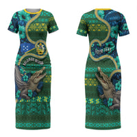 Personalised Solomon Islands Independence Day Couples Matching Short Sleeve Bodycon Dress and Long Sleeve Button Shirt Crocodile Hibiscus Tribal Pattern DT05 - Polynesian Pride