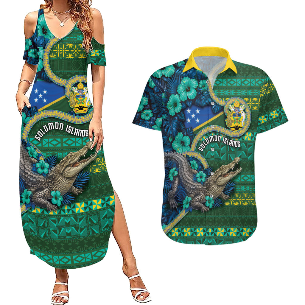 Personalised Solomon Islands Independence Day Couples Matching Summer Maxi Dress and Hawaiian Shirt Crocodile Hibiscus Tribal Pattern