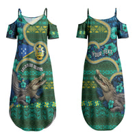 Personalised Solomon Islands Independence Day Couples Matching Summer Maxi Dress and Hawaiian Shirt Crocodile Hibiscus Tribal Pattern DT05 - Polynesian Pride