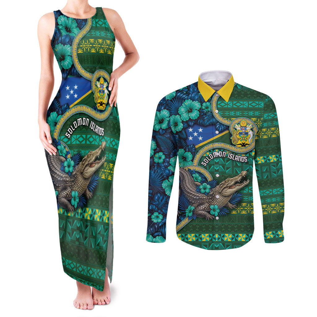 Personalised Solomon Islands Independence Day Couples Matching Tank Maxi Dress and Long Sleeve Button Shirt Crocodile Hibiscus Tribal Pattern