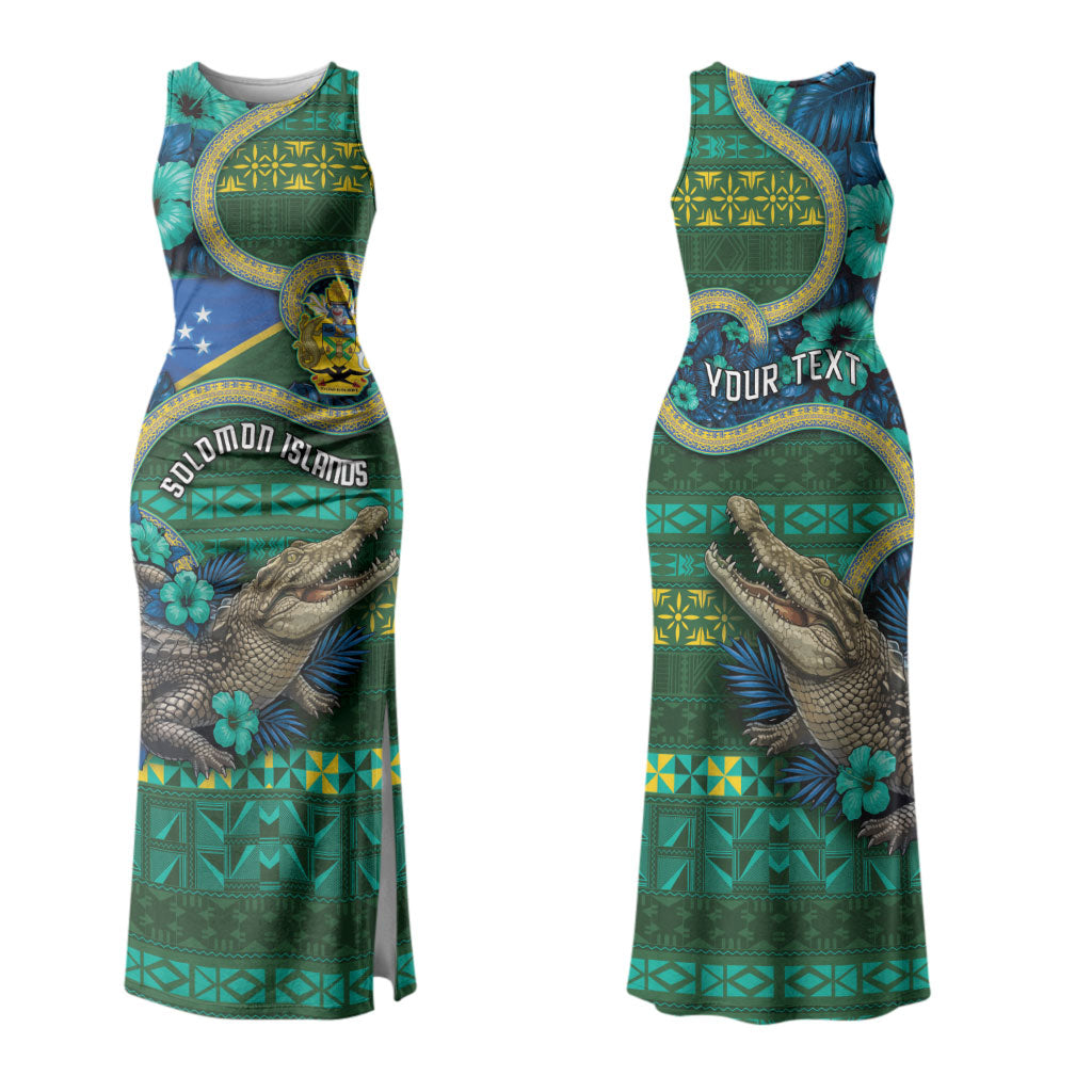 Personalised Solomon Islands Independence Day Couples Matching Tank Maxi Dress and Long Sleeve Button Shirt Crocodile Hibiscus Tribal Pattern DT05 - Polynesian Pride