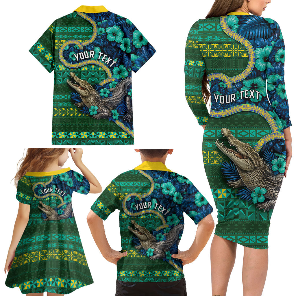 Personalised Solomon Islands Independence Day Family Matching Long Sleeve Bodycon Dress and Hawaiian Shirt Crocodile Hibiscus Tribal Pattern