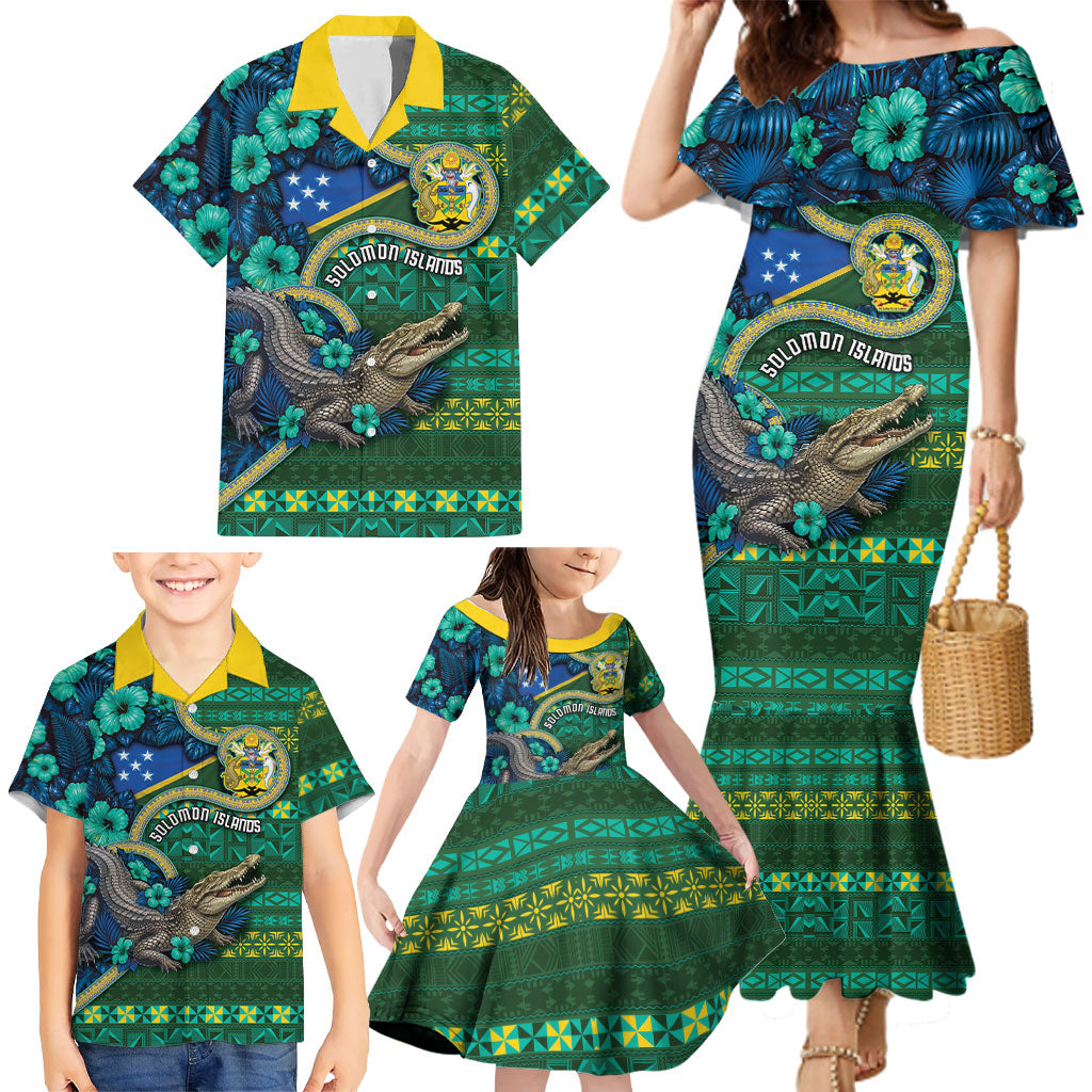 Personalised Solomon Islands Independence Day Family Matching Mermaid Dress and Hawaiian Shirt Crocodile Hibiscus Tribal Pattern