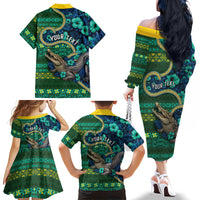 Personalised Solomon Islands Independence Day Family Matching Off The Shoulder Long Sleeve Dress and Hawaiian Shirt Crocodile Hibiscus Tribal Pattern