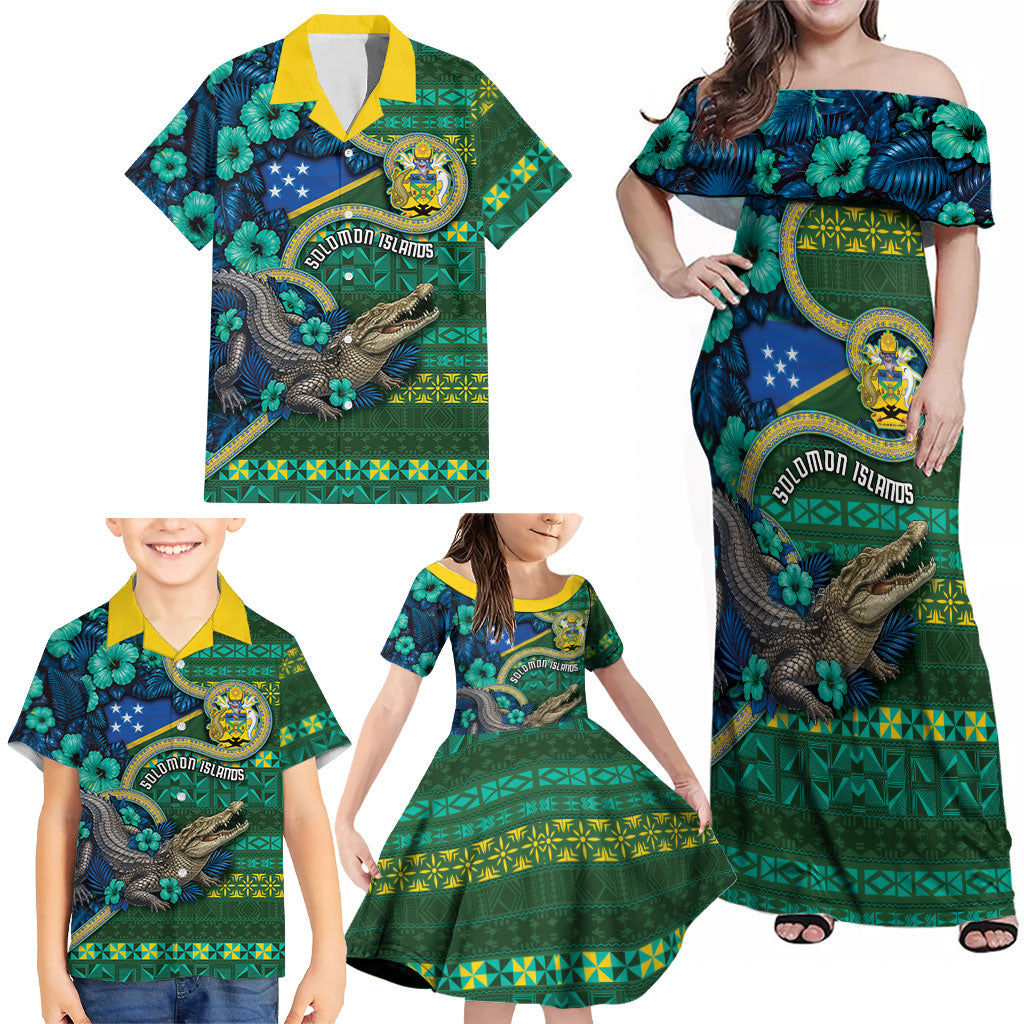 Personalised Solomon Islands Independence Day Family Matching Off Shoulder Maxi Dress and Hawaiian Shirt Crocodile Hibiscus Tribal Pattern